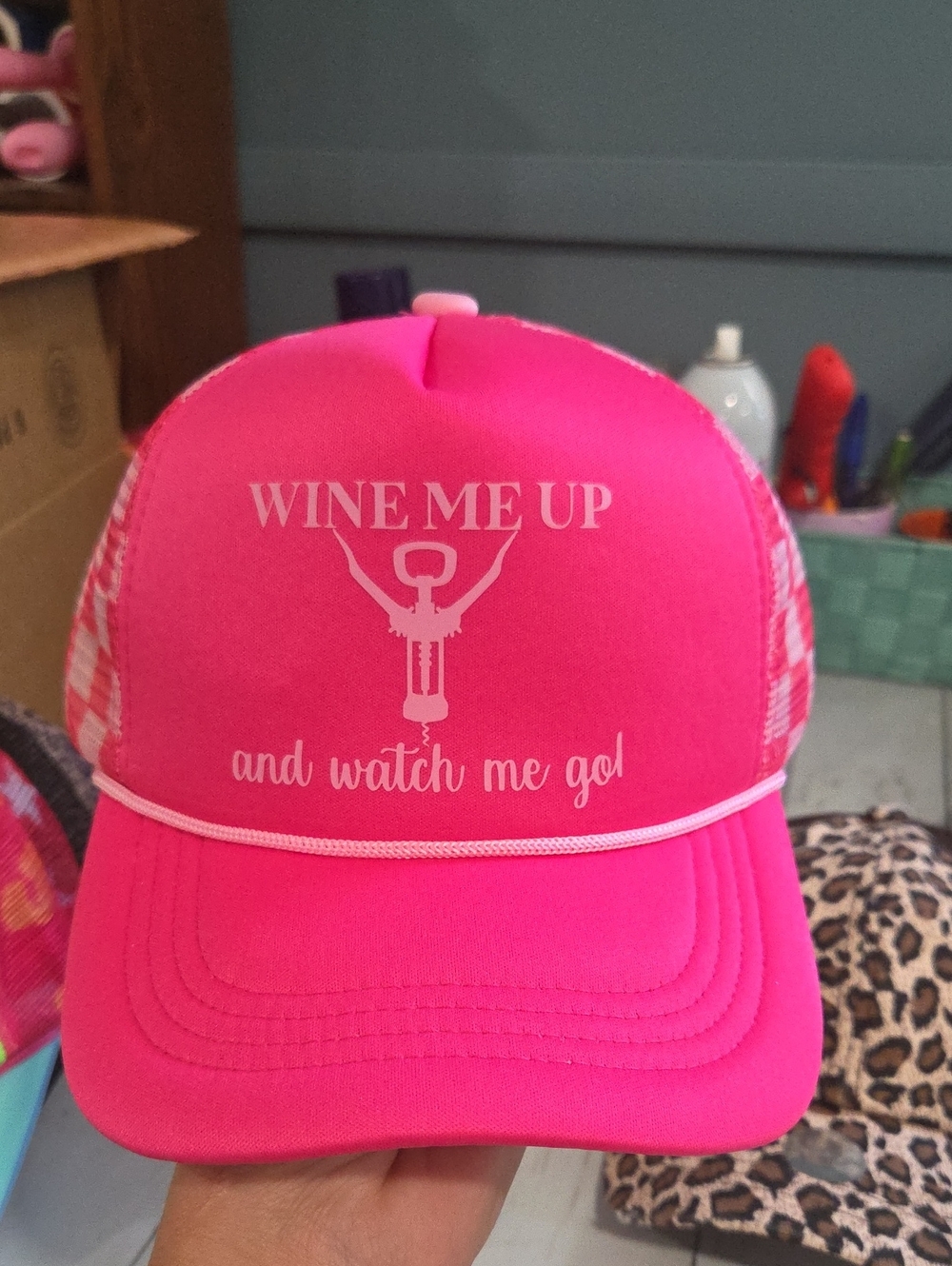 Hot Pink Trucker Hat - 'Wine Me Up' Graphic Checkerboard